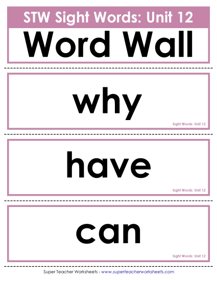 Reading Practice Tools - Pocket Chart or  Word Wall (Unit 12) (Printable PDF Worksheet)