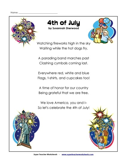 Reading - Poem: 4th of July (Printable PDF Worksheet)