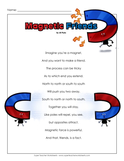 Magnetism Reading Passages - Poem: Magnetic Friends (Printable PDF Worksheet)