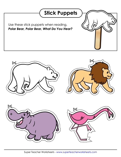 Cut-and-Paste Activities - Polar Bear Stick Puppets (Printable PDF Worksheet)