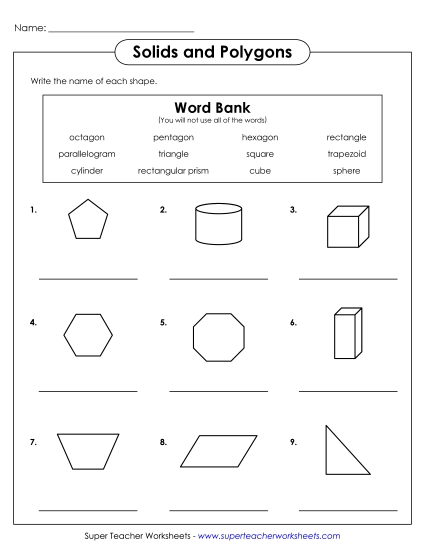Identifying Shapes - Polygons & Solid Shapes (Printable PDF Worksheet)