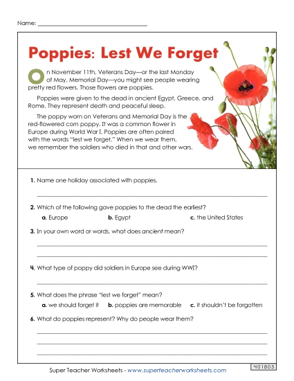 Nonfiction Articles - Poppies (Short Article) (Printable PDF Worksheet)