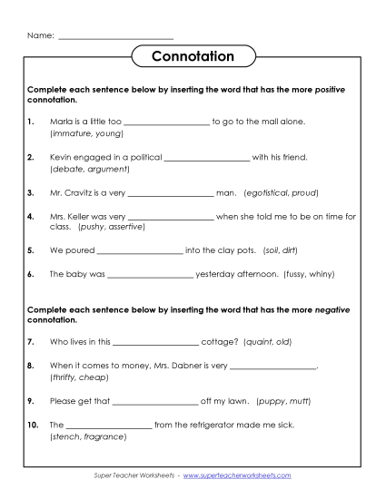 Worksheets - Positive & Negative Connotations Choose the Word (Printable PDF Worksheet)
