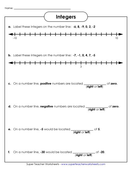 Counting Number Lines - Positive and Negative Integers (Printable PDF Worksheet)