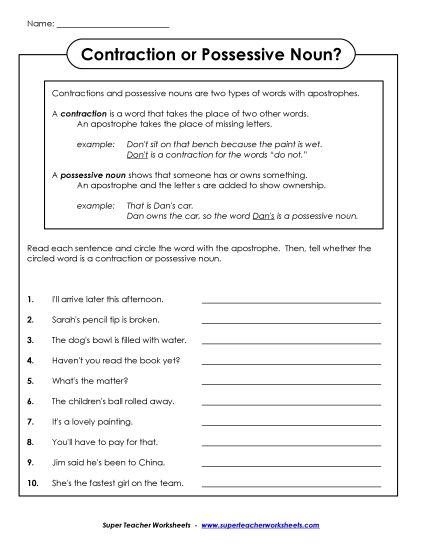 Worksheets - Possessive Noun or Contraction? (Printable PDF Worksheet)