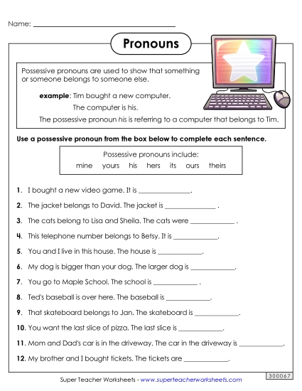 Basic Pronouns - Possessive Pronouns (Printable PDF Worksheet)
