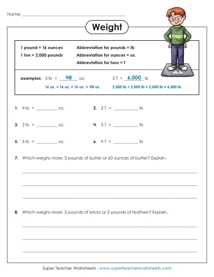 Worksheets - Pounds, Ounces, Tons (Easy) (Printable PDF Worksheet)
