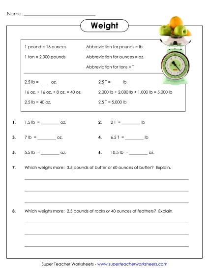 Worksheets - Pounds, Ounces, Tons (Harder) (Printable PDF Worksheet)