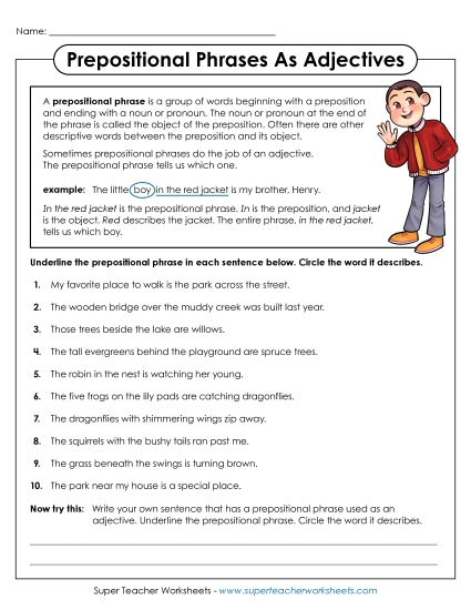 Level: Advanced - Prepositional Phrases as Adjectives (Printable PDF Worksheet)