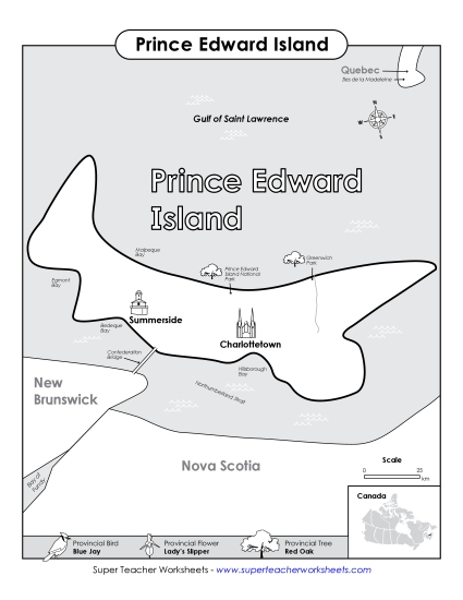 Maps - Prince Edward Island Map (Black & White) (Printable PDF Worksheet)