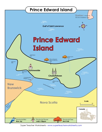 Maps - Prince Edward Island Map (Full Colour) (Printable PDF Worksheet)
