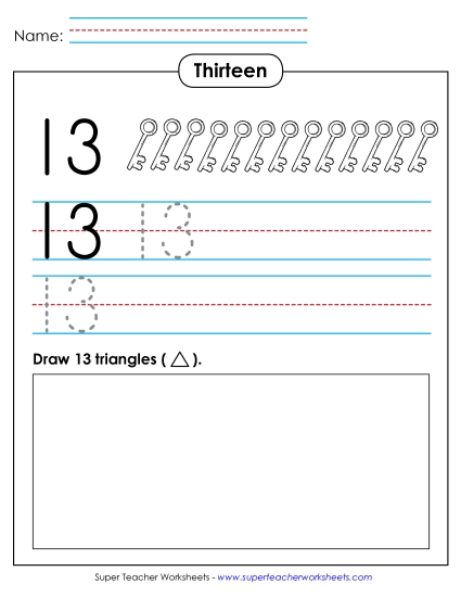 Number Thirteen - Print, Trace, Draw: Thirteen (Printable PDF Worksheet)