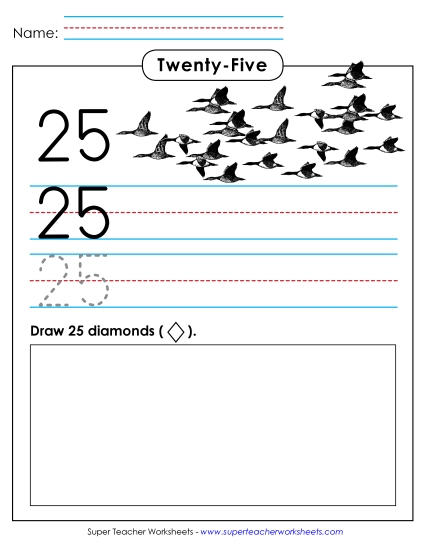 Twenty-Five - Print, Trace, Write: 25 (Printable PDF Worksheet)