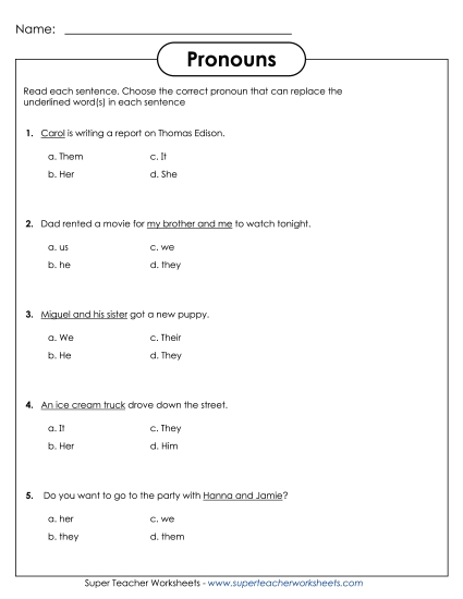Basic Pronouns - Pronouns: Multiple Choice (Printable PDF Worksheet)