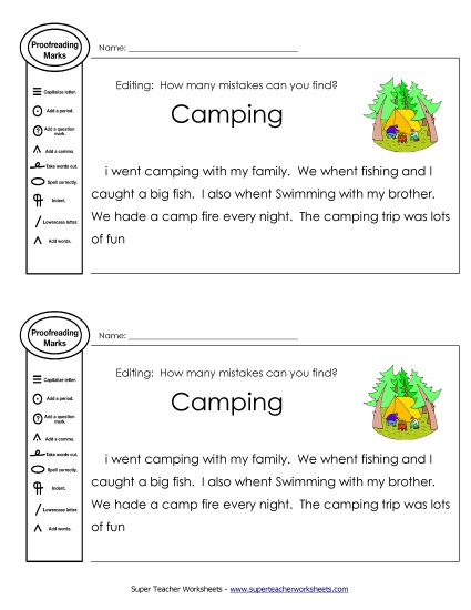 Editing Passages - Proofreading: Camping (Printable PDF Worksheet)
