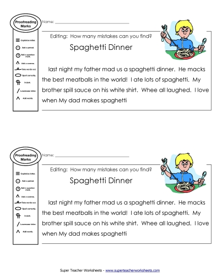 Editing Passages - Proofreading: Spaghetti (Printable PDF Worksheet)