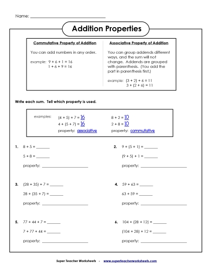 Basic - Properties of Addition (Printable PDF Worksheet)