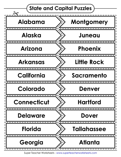 States & Capitals Games - Puzzle Match: States & Capitals (Printable PDF Worksheet)