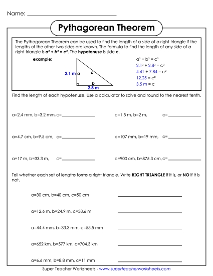 Level: Advanced - Pythagorean Theorem - No Illustrations (#2) (Printable PDF Worksheet)