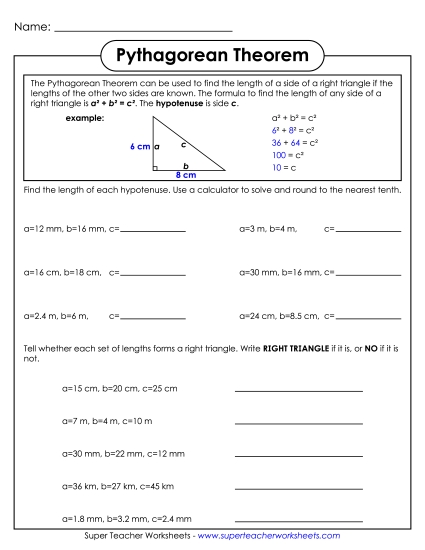 Level: Basic - Pythagorean Theorem - No Illustrations (Printable PDF Worksheet)