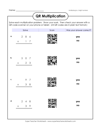 Multiplication - QR Code Multiplication (3-Digit by 2-Digit) (Printable PDF Worksheet)