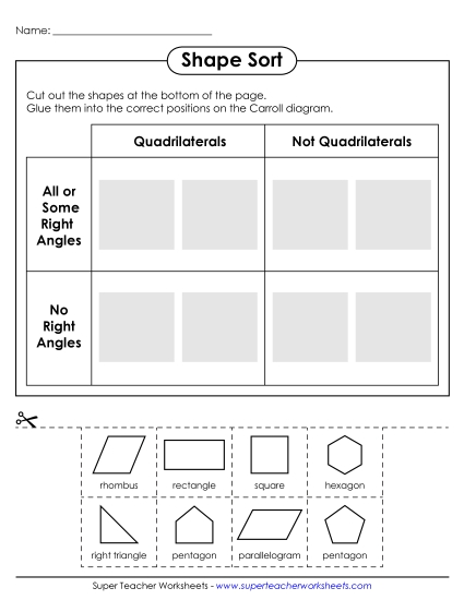 Sorting Shapes - Quadrilateral Sort (Cut and Glue) (Printable PDF Worksheet)