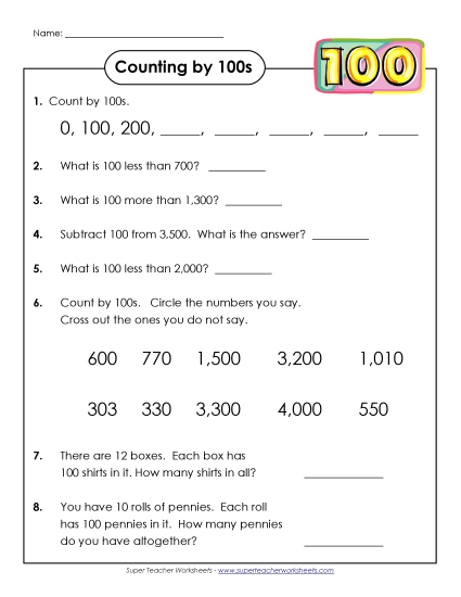 Questions: Counting by 100s (Printable PDF Worksheet)