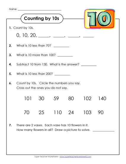Skip Count By 10s - Questions: Counting by 10s (Printable PDF Worksheet)