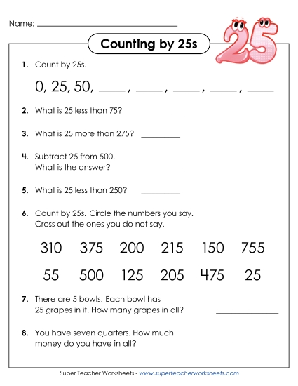 Questions: Counting by 25s (Printable PDF Worksheet)