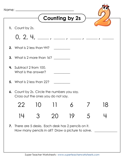 Skip Count by 2s - Questions: Counting by 2s (Printable PDF Worksheet)