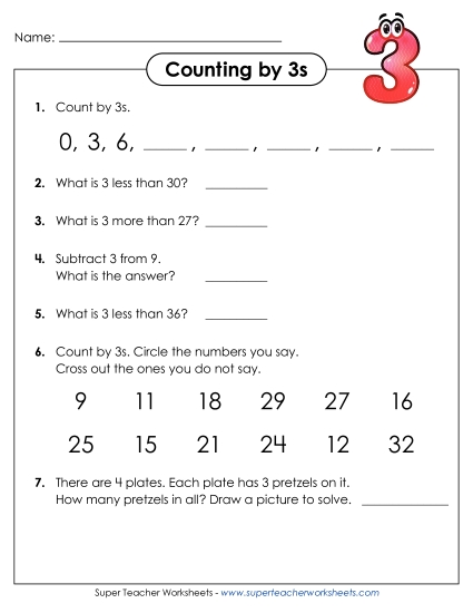 Questions: Counting by 3s (Printable PDF Worksheet)