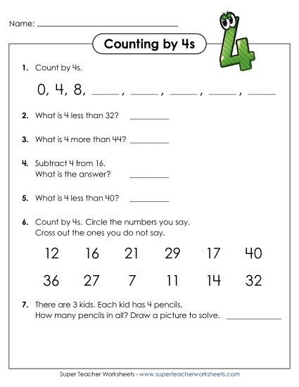 Questions: Counting by 4s (Printable PDF Worksheet)