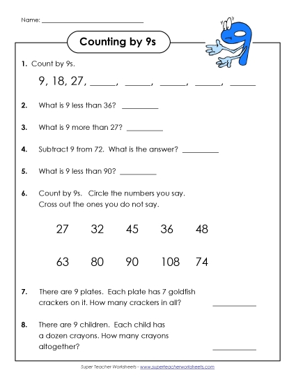 Skip Count by 9s - Questions: Counting by 9s (Printable PDF Worksheet)