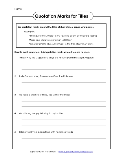 Quotation Marks for Titles - Quotation Marks for Poems, Short Stories, and Songs (Printable PDF Worksheet)