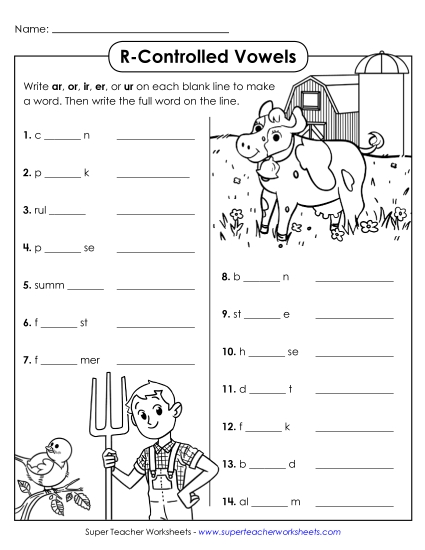 Mixed R-Controlled Vowels - R-Controlled Vowels ar, er, ir, or, ur (Printable PDF Worksheet)