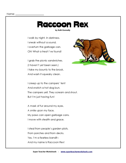 3rd Grade Poems - Raccoon Rex (Printable PDF Worksheet)