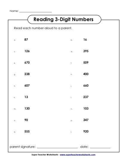 Reading 3-Digit Numbers - Read the Numbers (3-Digit) (Printable PDF Worksheet)