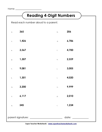 Reading 4-Digit Numbers - Read the Numbers: 4-Digit (Printable PDF Worksheet)
