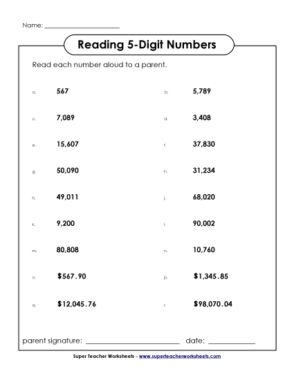 Reading 5-Digit Numbers - Read the Numbers: 5-Digit (Printable PDF Worksheet)