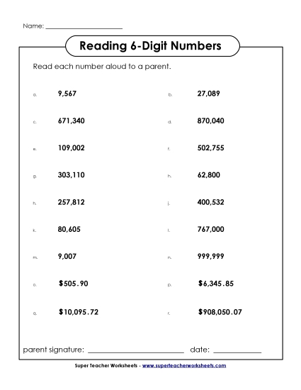 Reading 6-Digit Numbers - Read the Numbers: 6-Digit (Printable PDF Worksheet)