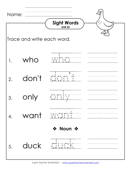 Worksheets - Read, Trace, Write (Unit 22) (Printable PDF Worksheet)
