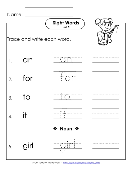 Worksheets - Read, Trace, Write (Unit 5) (Printable PDF Worksheet)