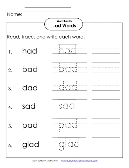 Worksheets - Read, Write, Trace (-ad) (Printable PDF Worksheet)