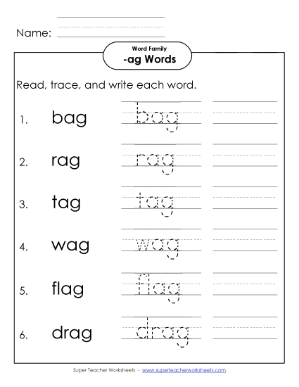 Worksheets - Read, Write, Trace (-ag) (Printable PDF Worksheet)