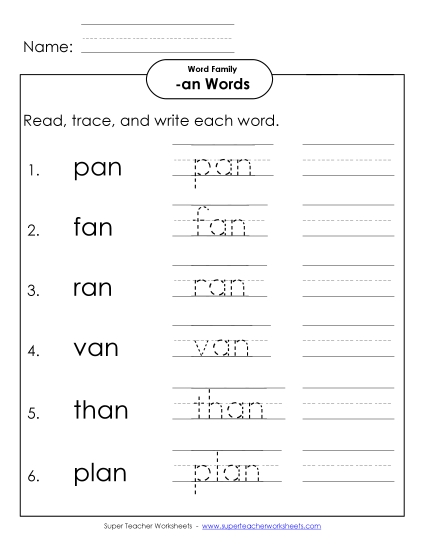 Worksheets - Read, Write, Trace (-an) (Printable PDF Worksheet)