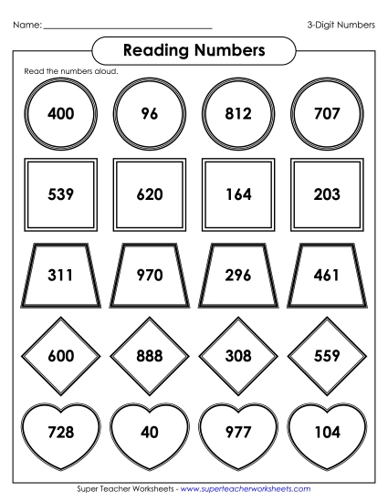 Reading 3-Digit Numbers - Reading 3-Digit Numbers (Printable PDF Worksheet)
