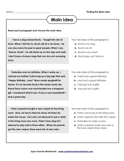 Main Idea Reading - Reading: Main Idea (Printable PDF Worksheet)