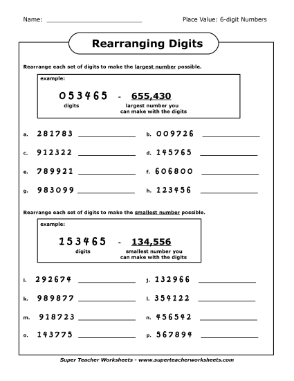 Place Value - Rearranging Digits (6-Digit Numbers) (Printable PDF Worksheet)