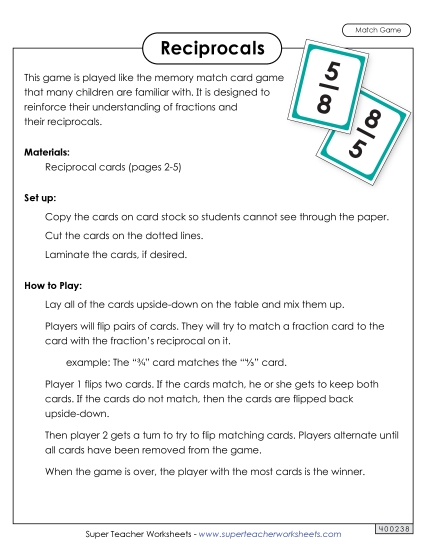 Reciprocals Matching Game (Basic) (Printable PDF Worksheet)