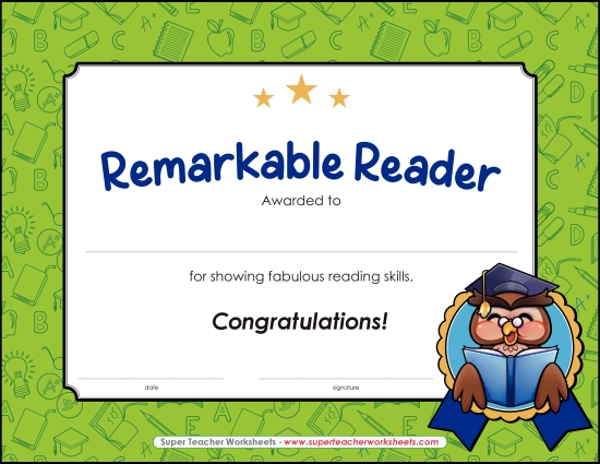 Reading & Writing Awards - Remarkable Reading Certificate (Printable PDF Worksheet)
